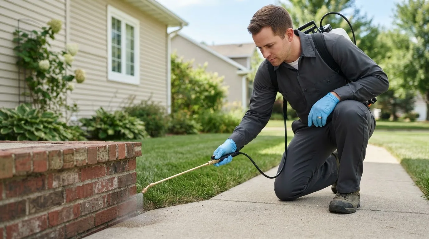 Pest control technician treating a home near New Ulm, MN
