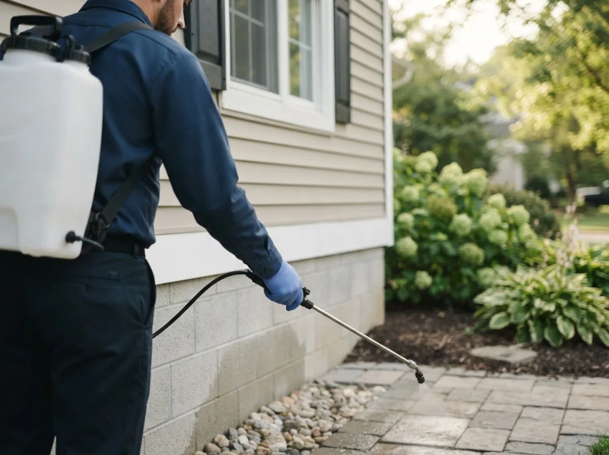 Pest control technician inspecting a home in New Ulm, MN